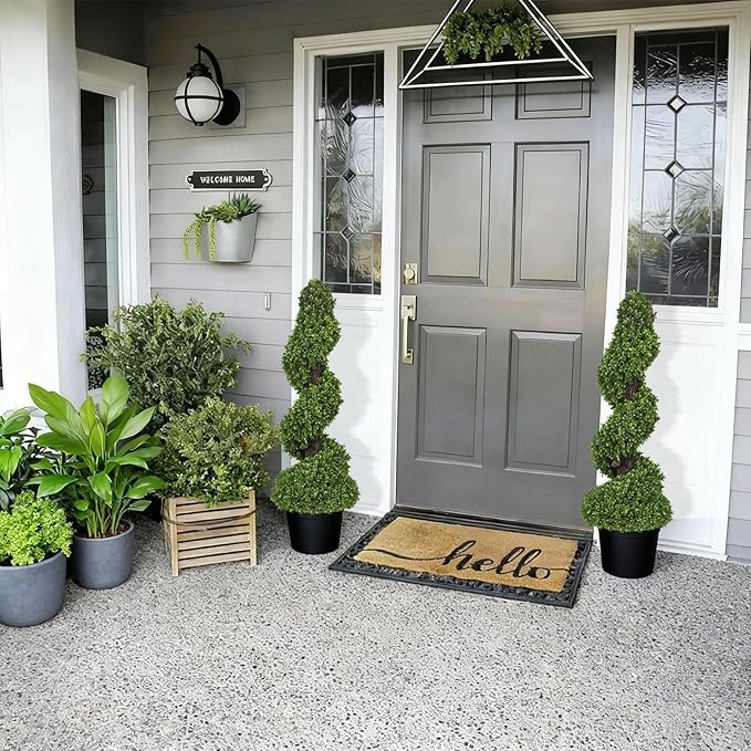 Artificial Boxwood Topiary Trees for Outdoor Front Door, Porch, Garden - 3 ft Tall Spiral Faux Shrubs Plants with Ceramic Planters, Fake Tree Potted for Indoor Home Office Decor, Set of 2