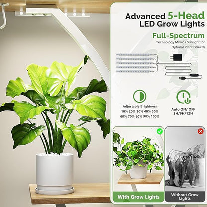 VINGLI 61" Tall White Plant Stand with Grow Light, 10-Tier LED Lighted Plant Shelf, Indoor Plant Rack with Full-Spectrum Grow Lights, Tree-Shaped Metal Plant Stand for Living Room, Balcony