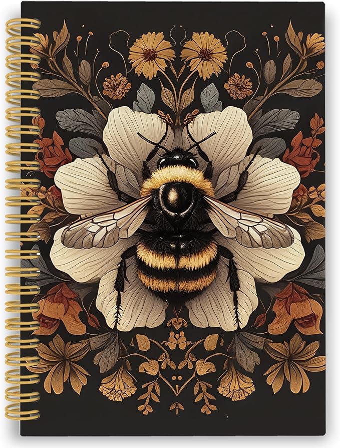 Vintage Bee Spiral Notebook, Retro Botanical Cottagecore Dark Honeybee Journaling Notebooks Gift for Teacher Women, Wildflower Plant Hardcover Journals for School Office, 160 Pages 5.5 x 8.3 Inch