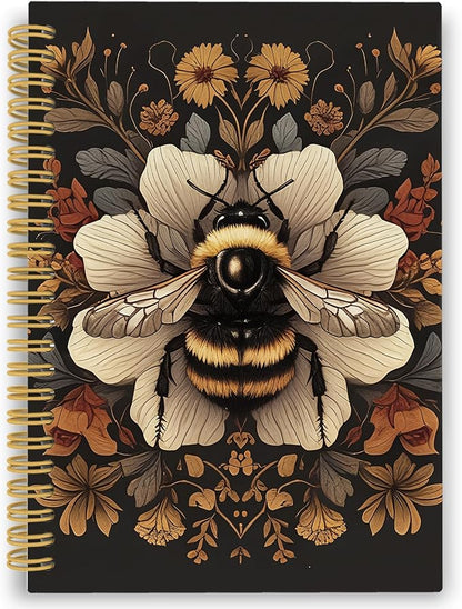 Vintage Bee Spiral Notebook, Retro Botanical Cottagecore Dark Honeybee Journaling Notebooks Gift for Teacher Women, Wildflower Plant Hardcover Journals for School Office, 160 Pages 5.5 x 8.3 Inch