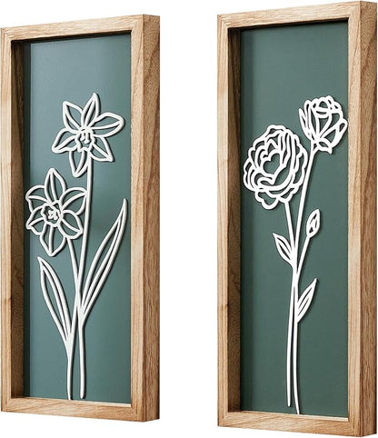 HKBS 3D Wooden Floral Wall Art, Set of 2 Framed Flowers Wall Art Sculptures, Boho Farmhouse Minimalist decor for Bathroom, Bedroom, Living Room, Kitchen or Office Wall Decorations Housewarming Gifts (Green)