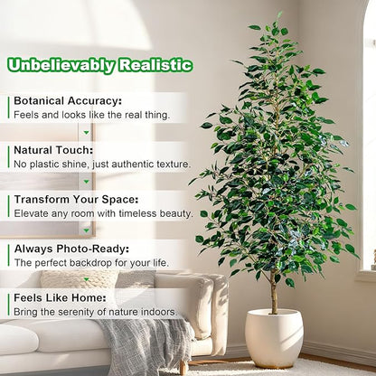 7FT Artificial Ficus Trees Indoor Faux Trees Indoor Fake Floor Plants Tall Artificial Tree with White Pot Faux Tree Fake Indoor Tree Silk Plants Artificial Trees for Home Decor Indoor