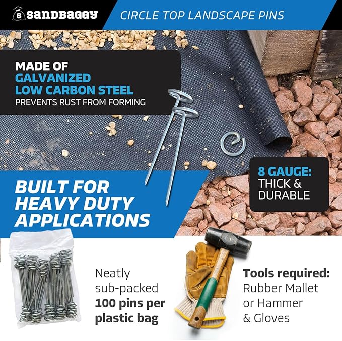 Sandbaggy 6-inch Circle Top Pins - Landscape Staples (Galvanized) - Garden Stakes for Landscaping, SOD - Heavy Duty Ground Stakes, Lawn Turf Spikes, Christmas Decorations, Weed Mats (500 Pins)