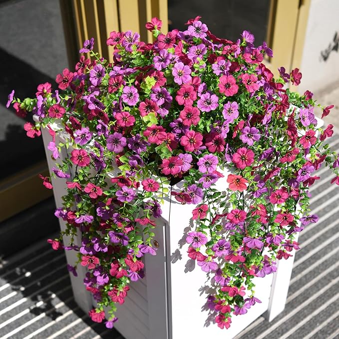 Fake Artificial Hanging Flowers for Outdoors, 2 Pcs Fake Hanging Plant Spring Summer Decor, UV Resistant No Fade Faux Silk Daisy Flower for Front Door Porch Planter Patio Yard Garden(Light Purple Red)