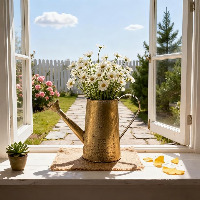Vintage Metal Watering Can with Floral Embossed Design Garden Distressed Gold Decorative Watering Pot Planter Farmhouse Waterer for Home Indoor Outdoor Garden Balcony Courtyard