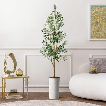Artificial Tree in White Marble Effect Planter, Fake Olive Silk Tree for Indoor and Outdoor Home Decoration - 68" Overall Tall (Plant Pot Plus Tree)