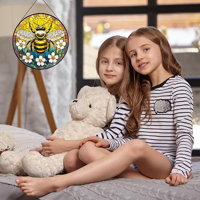 Bee Sunflower Stained Glass Window Hanging, 7.9" Vintage Bee Yellow Flower Sun Catcher for Window Door Home Decor, Bumblebee Suncatcher Christmas Birthday Gifts for Women Friends