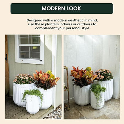Beuta Large Planters for Outdoor Plants - Set of 3, 15/18/20 Inches - USA Made - Outdoor Planters for Porch - Tall Planter for Outdoor & Indoor Plants | Large Indoor Plant Pot - Limewash