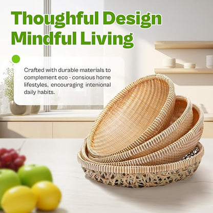 – Set of 3 Handwoven Bamboo & Rattan Baskets, Assorted Styles – Decorative & Functional for Fruit, Bread, Snacks – Bonus Tongs & Whisk (SET3 Handwoven Bamboo Basket – Flower Weave)