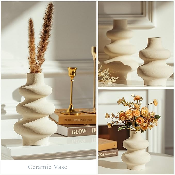 Ceramic Vases Set 2, Modern Home Decor,Off White Round Vases,Modern Dried Flower Vases, Boho Home Decor for Centerpieces Wedding Dinner Table Party Living Room Office Bedroom