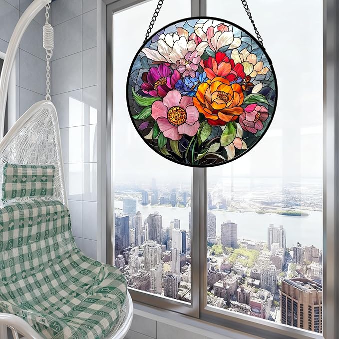 Stained Glass Window Hanging Flowers and Wildflowers 9.8" - Suncatcher Door Garden Sun Catcher Home Decor Birthday Thanksgiving Christmas for Mom Woman Nana Friend
