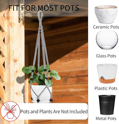 Macrame Plant Hanger - Fits 4 to 13 inches Pots for Indoor Outdoor, 35"/29"/23" Different Sizes Set, Gray (POTS NOT Included)