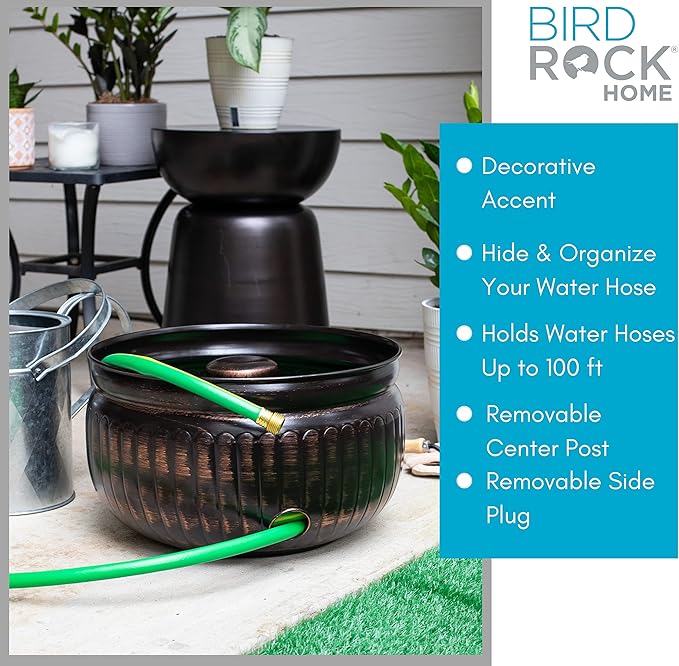 BIRDROCK HOME Water Hose Holder - Decorative Metal Pot, Indoor or Outdoor, Garden Storage Organizer, Patio Portable Bucket - Distressed Bronze, Holds up to 100ft Hoses, Medium No Lid