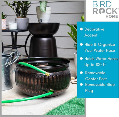 BIRDROCK HOME Water Hose Holder - Decorative Metal Pot, Indoor or Outdoor, Garden Storage Organizer, Patio Portable Bucket - Distressed Bronze, Holds up to 100ft Hoses, Medium No Lid