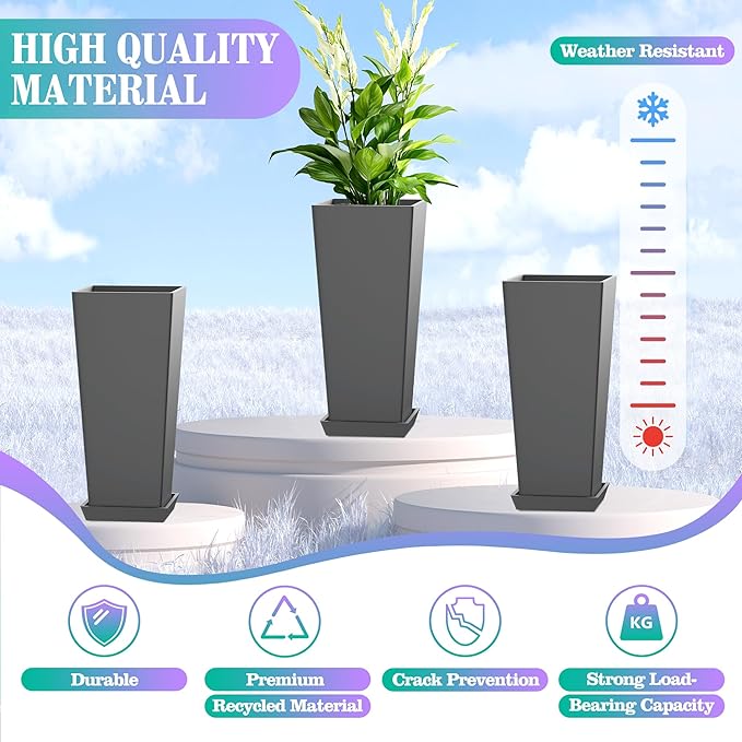 24 Inch Tall Tapered Square Planters (Set of 2) - Indoor Outdoor Large Flower Pots with Built-in Drainage & Matching Water Tray for Patio, Garden, Home - Gray