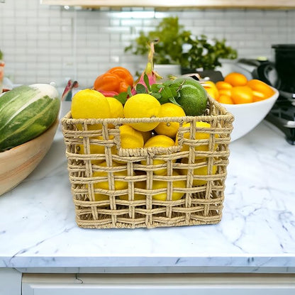 Handwoven Natural Basket Set – 3 Buri & Wicker Crates, 12"x10"x8", Storage for Pantry, Kitchen, Shelves, Breathable Open Weave Organizer, Rustic Milk Crate Design