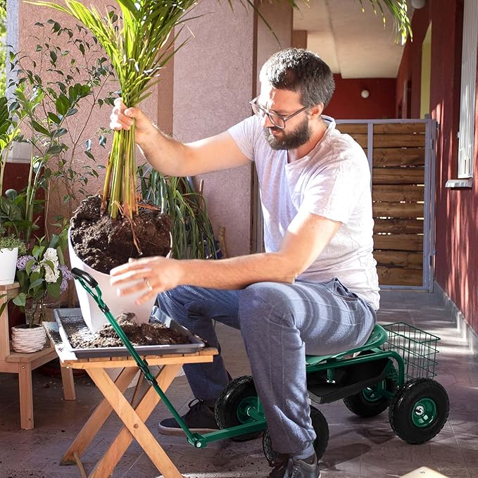 Outvita Garden Cart Rolling Workseat with Wheels, Gardening Stool with Adjustable 360 Degree Swivel Seat, Extendable Handle, Tool Tray & Storage Basket, Gardening Scooter for Yard, Planting, Green