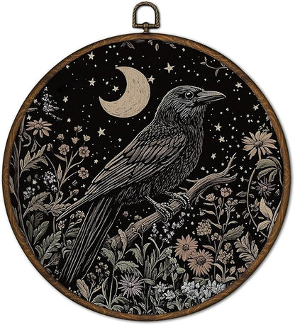 cvjutf Dark Academia Black Crow Raven Wall Art Decor Framed, Witchy Whimsigoth Gothic Black Crow Botanical Round Wall Decor, Vintage Cottagecore Canvas Prints Art for Home Bedroom Living Room,10x10