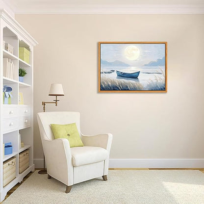 Floating Framed Coastal Bathroom Wall Art, Blue Beach Nautical Ocean Nature Canvas Picture, Blue Boat Moon Lake Mountain Sea Poster Print Painting, for Modern Home Bedroom Wall Decor 12x16 inch