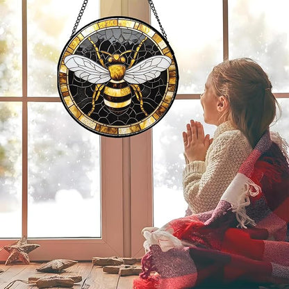 Stained Glass Window Hanging - Black Gold Bee White Wings Sun Catcher for Door Home Decor Insect Suncatcher Christmas Mother's Day Birthday Gifts for Women Men Lovers Mom Nana 11.8 in
