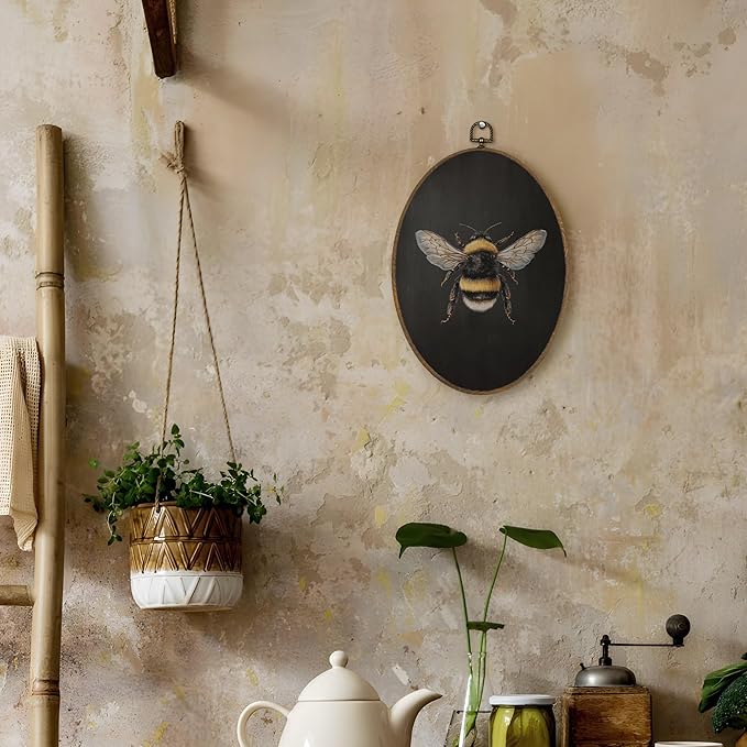 LKETW Vintage Moody Bee Oval Wall Art Decor, Dark Academia Bumblebee Oval Canvas Hanging Decor, Rustic Dark Cottagecore Bee Insect Wall Decorations for Farmhouse Home Living Room, 8.6x11.4 Inch