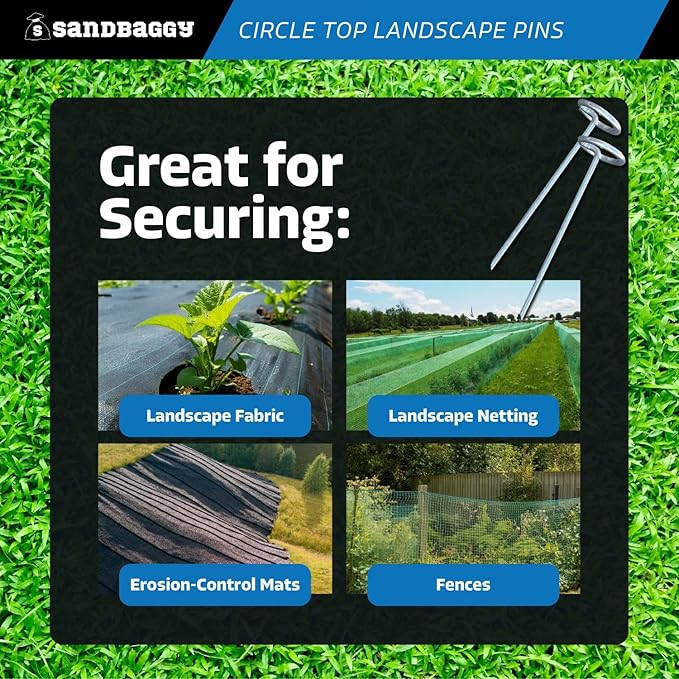 Sandbaggy 6-inch Circle Top Pins - Landscape Staples (Galvanized) - Garden Stakes for Landscaping, SOD - Heavy Duty Ground Stakes, Lawn Turf Spikes, Christmas Decorations, Weed Mats (500 Pins)