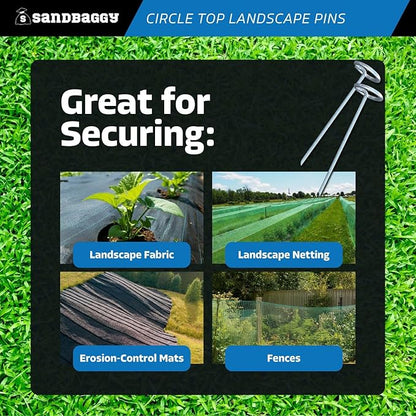 Sandbaggy 6-inch Circle Top Pins - Landscape Staples (Galvanized) - Garden Stakes for Landscaping, SOD - Heavy Duty Ground Stakes, Lawn Turf Spikes, Christmas Decorations, Weed Mats (500 Pins)