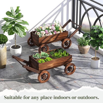 PULIJIA Wooden Wagon Planter Outdoor Garden Planter, Trolley Decoration Succulent Flower cart, Indoor Outdoor Backyard Balcon Decor cart with Wheels, Planter for Patio. (HC-L)