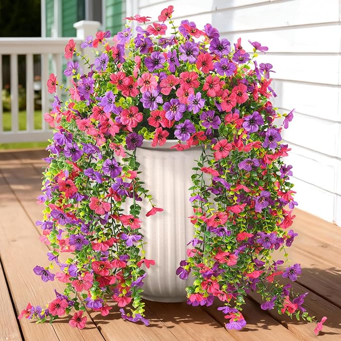 Fake Artificial Hanging Flowers for Outdoors, 2 Pcs Fake Hanging Plant Spring Summer Decor, UV Resistant No Fade Faux Silk Daisy Flower for Front Door Porch Planter Patio Yard Garden(Purple Hot Pink)