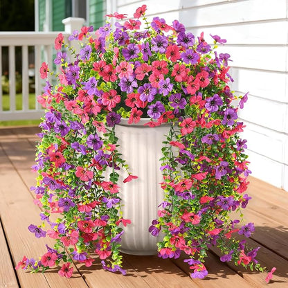 Fake Artificial Hanging Flowers for Outdoors, 2 Pcs Fake Hanging Plant Spring Summer Decor, UV Resistant No Fade Faux Silk Daisy Flower for Front Door Porch Planter Patio Yard Garden(Purple Hot Pink)
