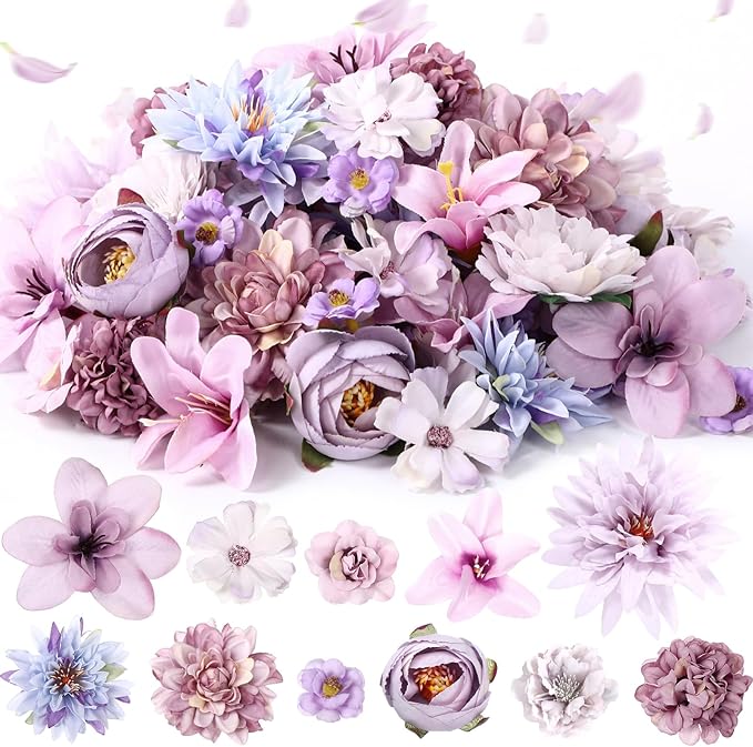 80 Pcs Assorted Fake Flower Heads Mini Artificial Flower Heads Bulk Silk Faux Daisy for Crafts Fake Peony Rose for Wedding Party Wreath Home Decoration(Purple)