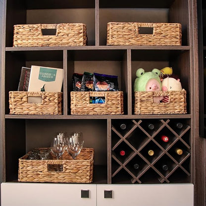Rectangular Water Hyacinth Storage Baskets, Wicker Storage Baskets for Shelves, Square Shallow Basket, Woven Drawer Basket With Handle, 13” L x 10.6” W x 4.5” H