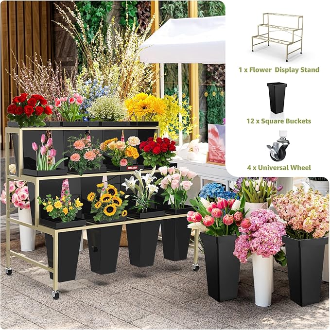 Flower Display Stand 3 Layers with Buckets, 12 PCS Buckets Plant Stand with Wheels, Movable Metal Plant Stand for Terrace Garden, Living Room, Florist Shop