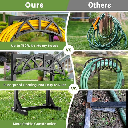 Garden Hose Holder with 4 Spikes, Water Hose Holders for Outside, 150ft Garden Hose Storage Heavy Duty Hose Hanger Metal Hose Stand Detachable Hose Reel Rack Organizer