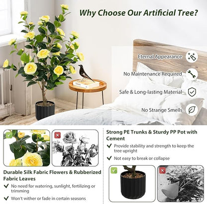 Goplus 38’’ Artificial Camellia Tree, 2 Pack Flower Plants Artificial Tree, Faux Floral Plant Blooming Tree in Cement Pot, Greenery Potted Plant for Indoor Outdoor Office Home Porch Decor