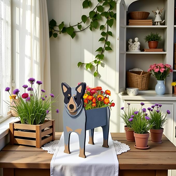 Australian Cattle Dog Planter,Cute Dog Flower Pot,Gifts for Pet Lovers,Unique Animal Plant Pots,Office,Indoor Outdoor Garden Decor(9.45 * 6.09 * 13.39in)