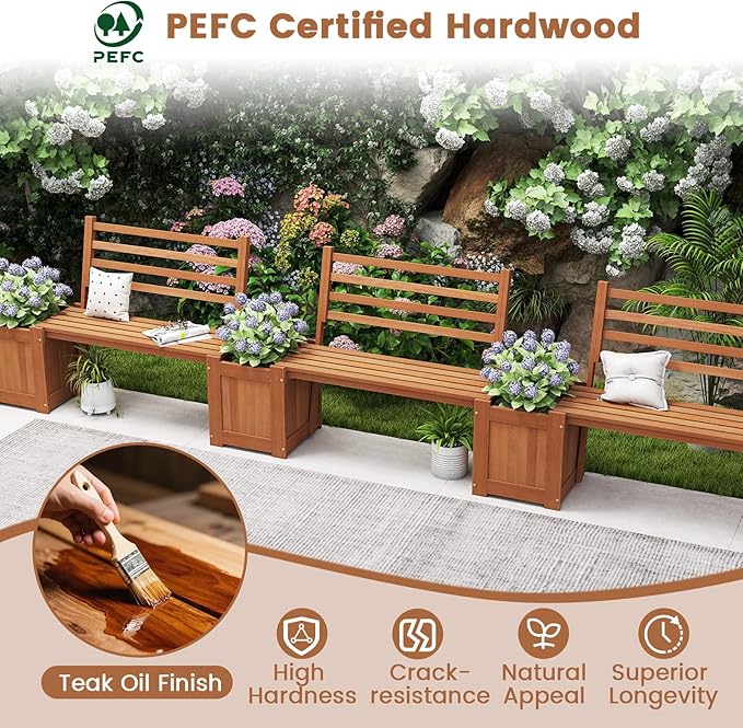 2 Pieces Outdoor Planter Box with Bench, Teak Oil Finish Wood Seat with 2 Open-Ended Base Garden Beds & Backrest, Decorative Plant Container for Yard, Balcony & Porch