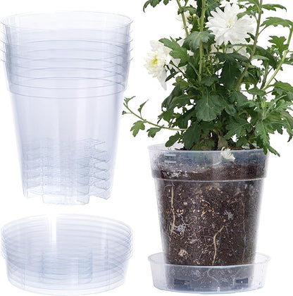 1 Gallon 6 Inch Clear Plastic Plant Pot with Drainage Holes, Interlocking & Detachable Tray - Deep Saucer - Durable BPA-Free Plastic, Transparent Design, Raised Base for Airflow, Set of 6, 92-X-A-6