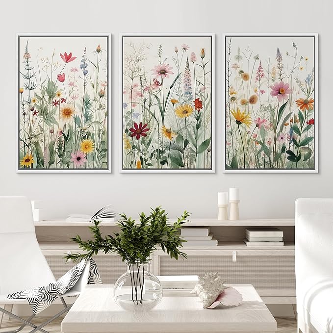 Ashbrook Framed Canvas Print Wall Art Set Garden Forest Wildflowers Nature Wilderness Illustrations Modern Art Decorative Floral Botanical Minimal Calm/Relax/Cozy for Bedroom - 16"x24"x3 WHITE