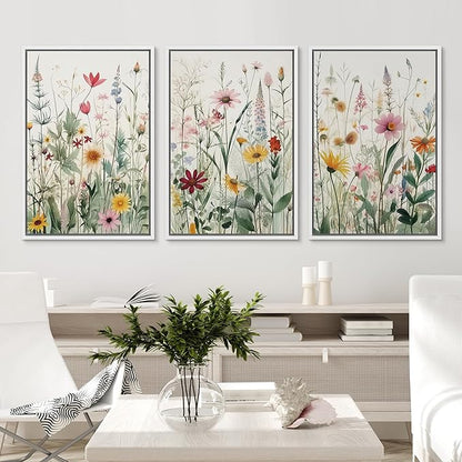 Ashbrook Framed Canvas Print Wall Art Set Garden Forest Wildflowers Nature Wilderness Illustrations Modern Art Decorative Floral Botanical Minimal Calm/Relax/Cozy for Bedroom - 24"x36"x3 WHITE