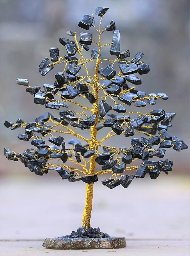 Black Tourmaline Gemstone Tree of Life With Geode Agate Slice Base - Crystal for Positive Energy, Feng Shui Decor, Chakra, Good Luck, Money Bonsai, Healing Stone, Spiritual Gem