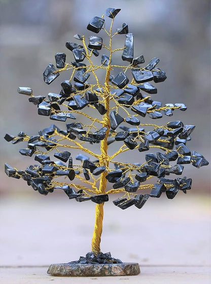 Black Tourmaline Gemstone Tree of Life With Geode Agate Slice Base - Crystal for Positive Energy, Feng Shui Decor, Chakra, Good Luck, Money Bonsai, Healing Stone, Spiritual Gem