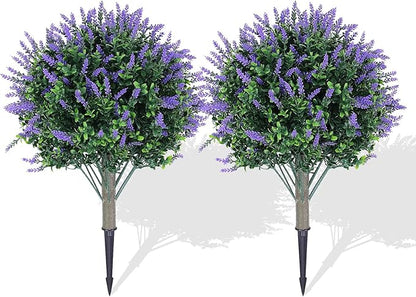 Garvee Set of 2 Artificial Lavender Topiary Ball Trees, 23" H UV Resistant Faux Boxwood Bushes with Ground Spike, Outdoor Fake Shrubs Evergreen Decorative Plant for Indoor Porch Garden Backyard