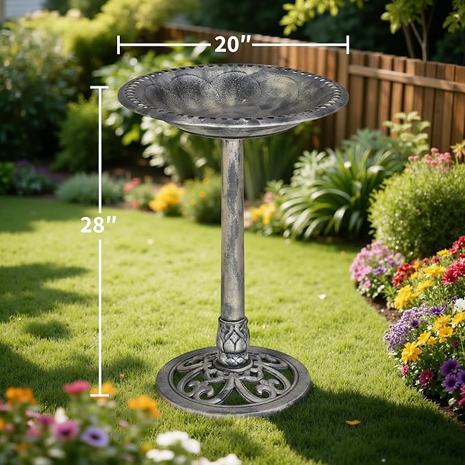 VECELO 28" Pedestal Outdoor Bird Bath for Outside, Vintage Bronze Polyresin Lightweight Antique, Yard/Garden Decoration, Gray