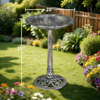 VECELO 28" Pedestal Outdoor Bird Bath for Outside, Vintage Bronze Polyresin Lightweight Antique, Yard/Garden Decoration, Gray