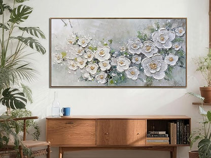 Brushart Large White Flower Wall Art Textured Floral Canvas Wall Art Decor Pictures Paintings Artwork for Living Room Dining Room Bedroom Home Office, Framed 48"x24"