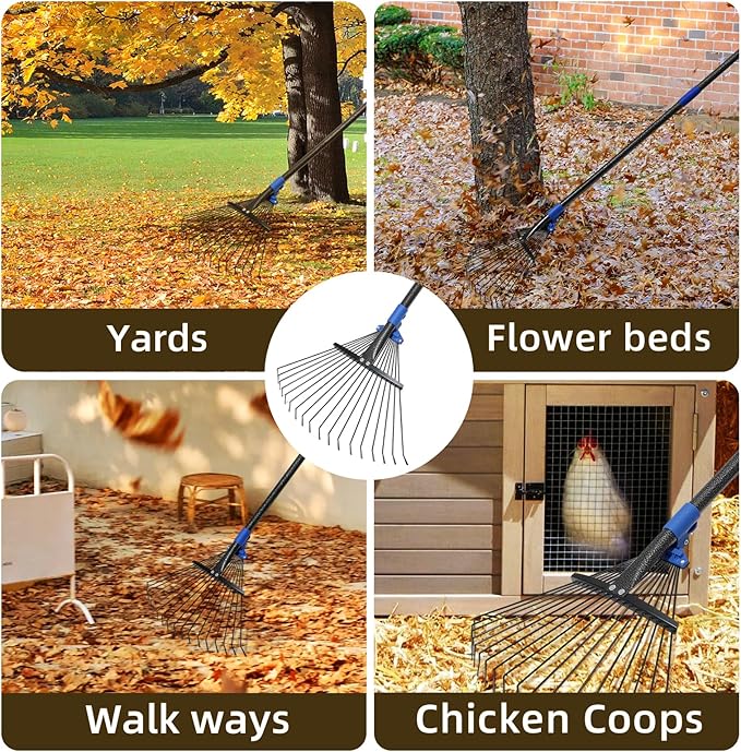 Adjustable Leaf Rake, Heavy Duty Metal Rake for Leaves, Long Handle 30"-60" with Expandable Head 8"-17", Collapsible Small Rakes for Lawns, Gardening, Yard, Camping, Shrub, Grass, Bush, Weed, Debris