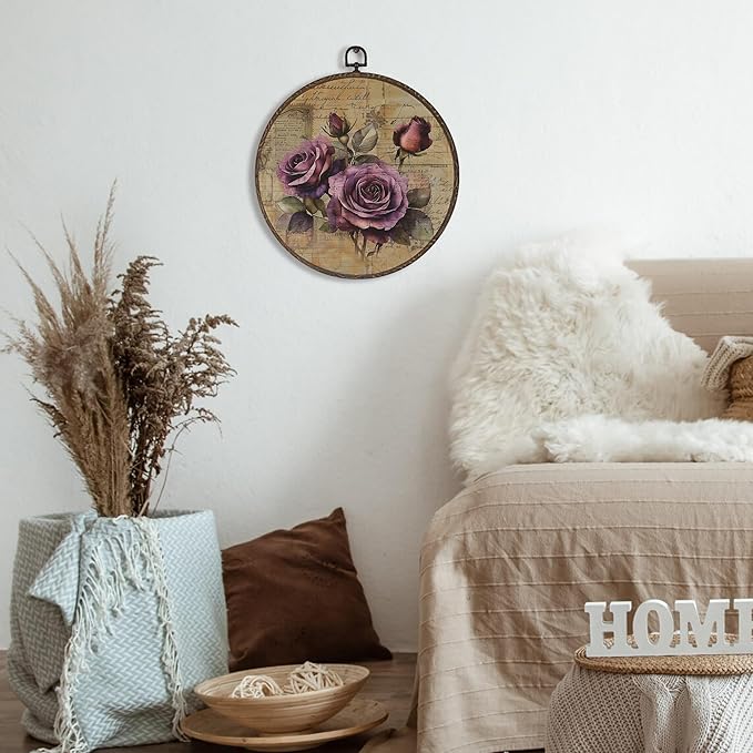 XNXLDYLH Vintage Rose Flower Round Framed Wall Art Decor, Rustic Purple Retro Earthy Floral Bathroom Hanging Wall Decor Decorations, Botanical Floral Canvas Prints Wall Art Pictures Paintings,10x10Inch