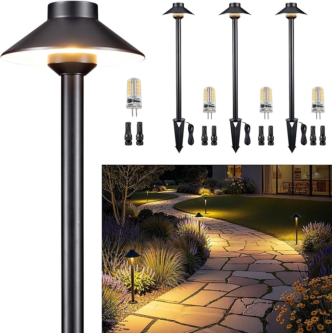 Gardenreet Brass Low Voltage Path Light, 12V Landscaping Pathway Lights IP65 Waterproof, Wired Walkway Lighting Outdoor, LED Black for Outside Backyard with 4000K Neutral White G4 Bulb (4 Pack)
