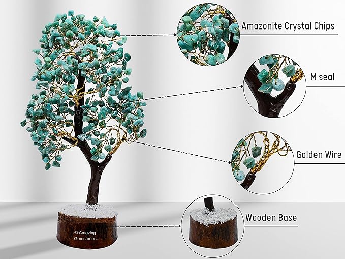 Amazing Gemstone Amazonite Natural Healing Premium Crystal Bonsai Feng Shui Fortune Money Tree of Life for Home Office Decor (Gift Box Ready) (10-12 Inch)